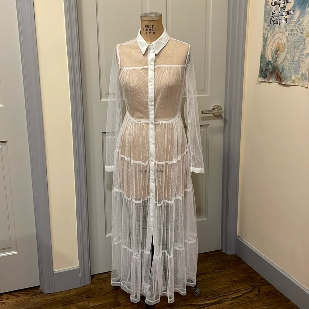 Great addition to your closet. Long shirt dress polyester dotted Swiss lace.
